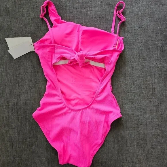 🆕️2023 BECCA BY REBECCA VIRTUE Pink Ribbed Asymmetrical One Piece Swimsuit M - Picture 8 of 14